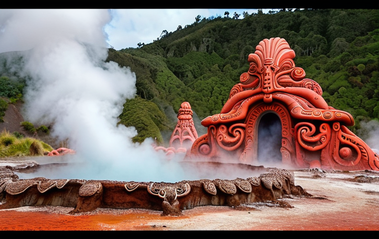 Rotorua Geothermal**
* **Prompt:** Steaming geysers erupting at Te Puia, Maori carvings in the foreground, vibrant colors, geothermal landscape, New Zealand.
**