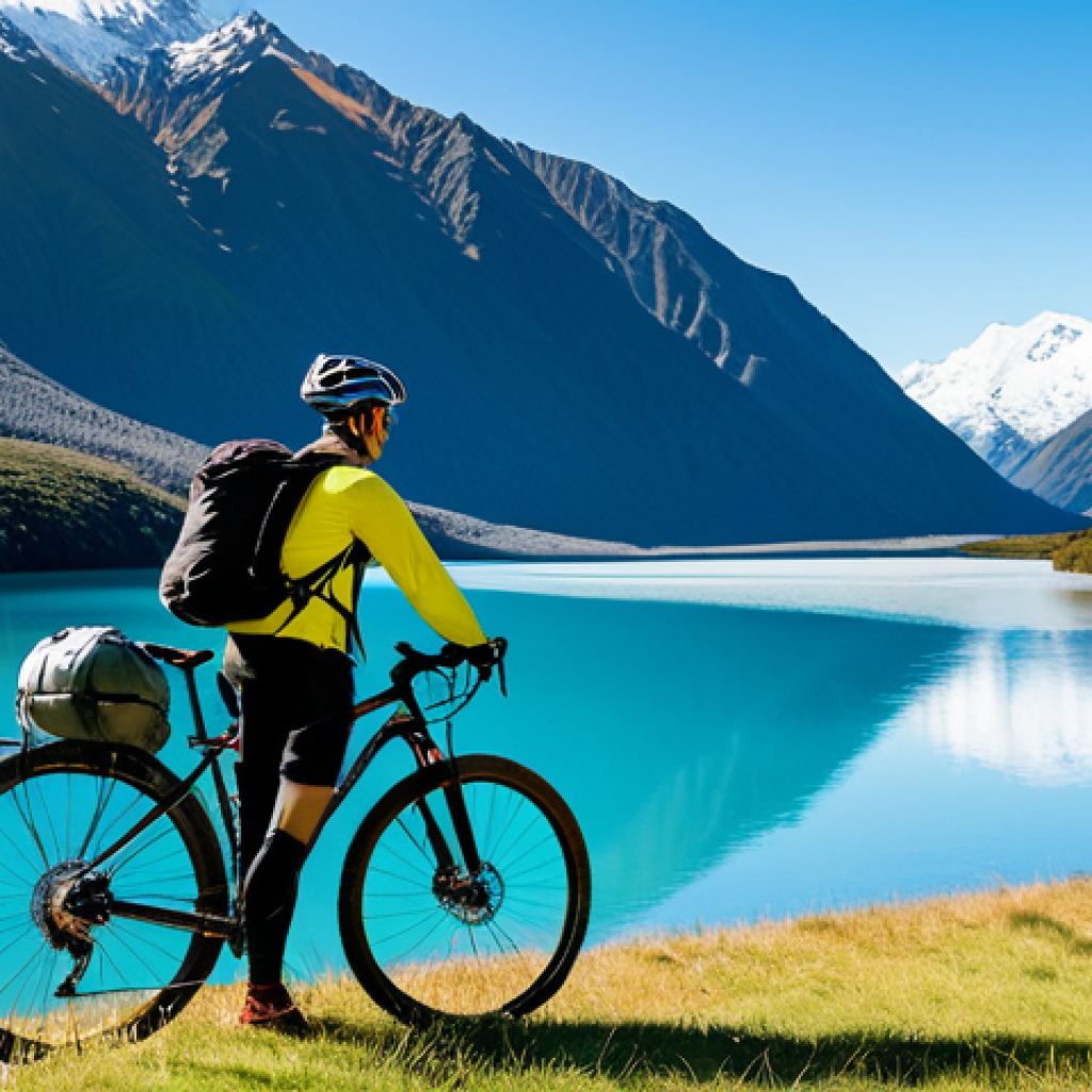 A lone cyclist, fully clothed in appropriate, modest cycling attire, helmet on, standing next to a robust touring bicycle equipped with bikepacking bags. The scene is set in a majestic glacial valley in the South Island of New Zealand, featuring towering snow-capped mountains that reflect perfectly in a pristine, unreal blue lake. Lush green forests line the valley. The sky is clear, with natural daylight. Perfect anatomy, correct proportions, natural pose, well-formed hands, proper finger count, natural body proportions. Safe for work, appropriate content, fully clothed, professional, high-quality professional photography, ultra-detailed, cinematic lighting.