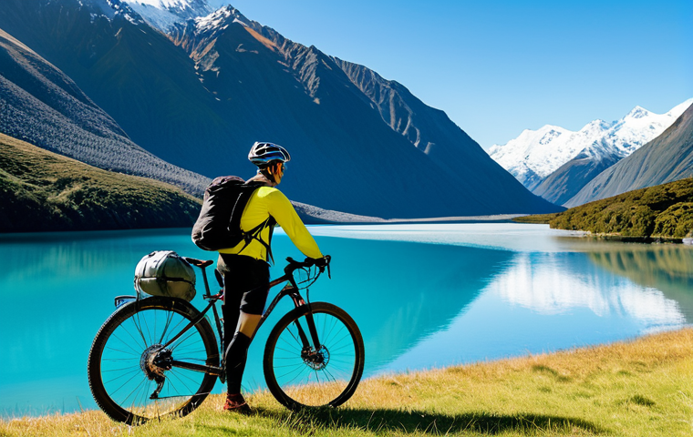 A lone cyclist, fully clothed in appropriate, modest cycling attire, helmet on, standing next to a robust touring bicycle equipped with bikepacking bags. The scene is set in a majestic glacial valley in the South Island of New Zealand, featuring towering snow-capped mountains that reflect perfectly in a pristine, unreal blue lake. Lush green forests line the valley. The sky is clear, with natural daylight. Perfect anatomy, correct proportions, natural pose, well-formed hands, proper finger count, natural body proportions. Safe for work, appropriate content, fully clothed, professional, high-quality professional photography, ultra-detailed, cinematic lighting.