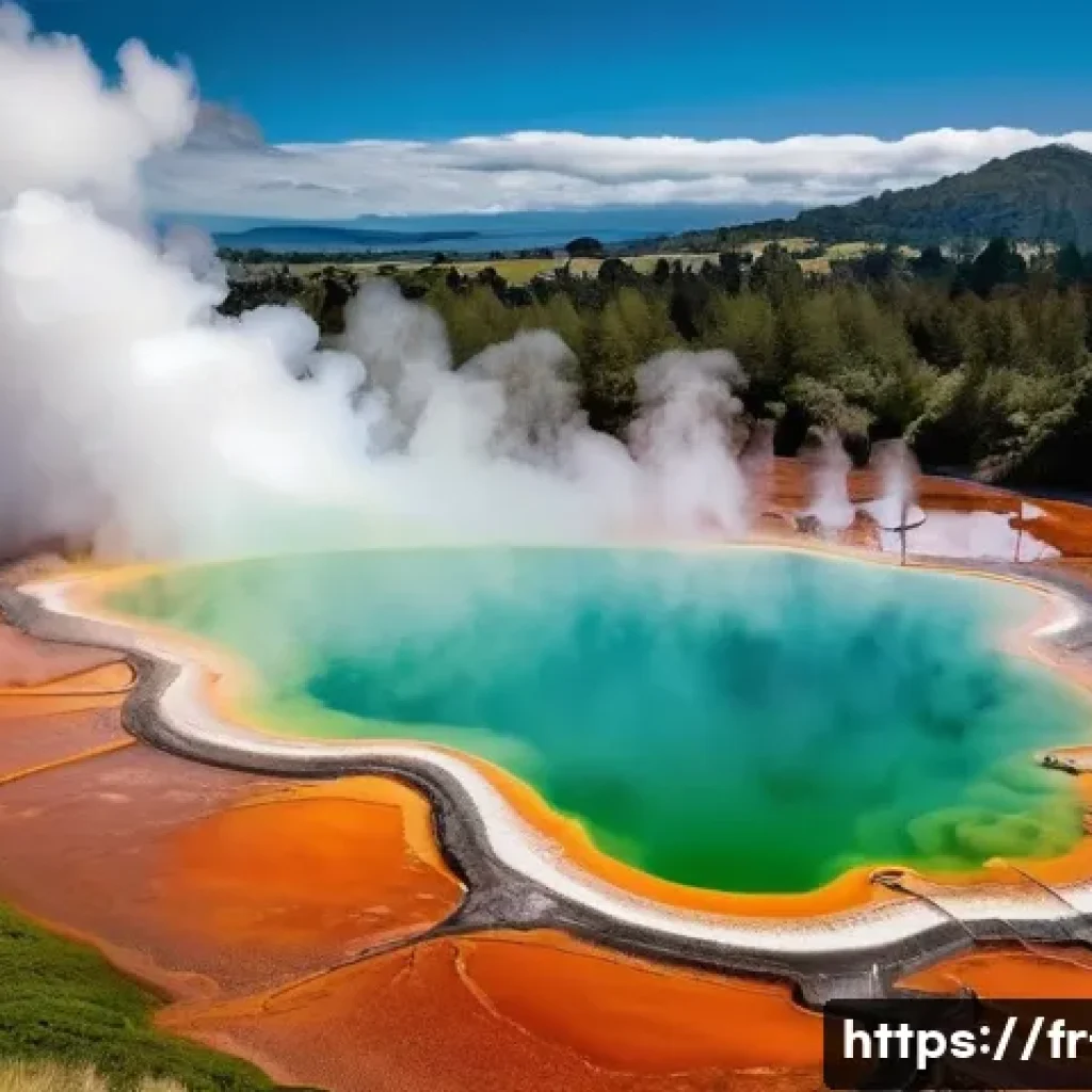뉴질랜드 대표 관광지 및 명소 - **Rotorua's Geothermal Wonderland with Cultural Touch:**
    "A vibrant, wide-angle shot capturing t...