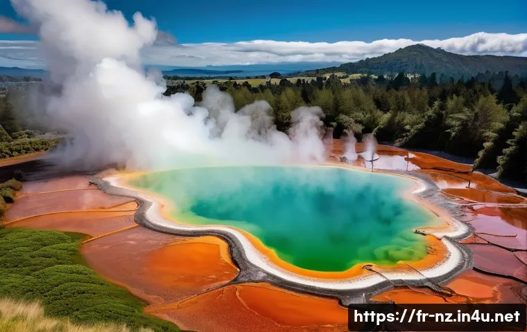 뉴질랜드 대표 관광지 및 명소 - **Rotorua's Geothermal Wonderland with Cultural Touch:**
    "A vibrant, wide-angle shot capturing t...