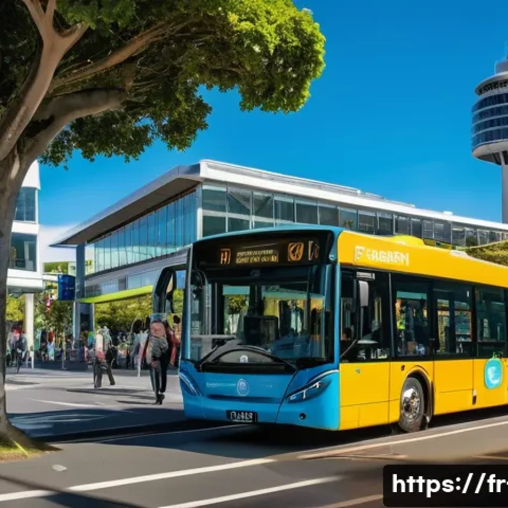 뉴질랜드 대중교통 이용법 - A vibrant urban scene in Auckland showcasing a modern bus stop with people boarding a sleek, eco-fri...
