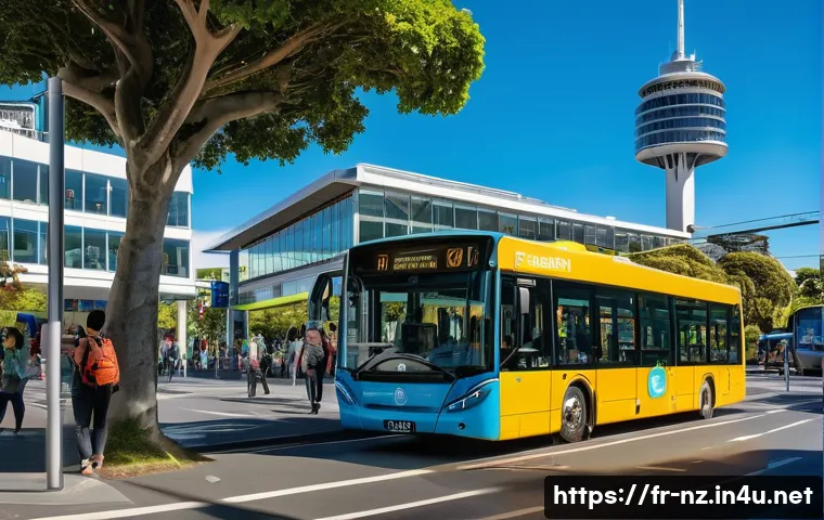 뉴질랜드 대중교통 이용법 - A vibrant urban scene in Auckland showcasing a modern bus stop with people boarding a sleek, eco-fri...