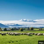 뉴질랜드 경제 상황 및 주요 산업 - A modern New Zealand farm scene showcasing sustainable agriculture practices: rolling green pastures...