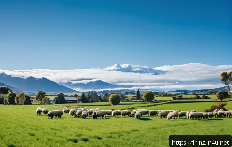 뉴질랜드 경제 상황 및 주요 산업 - A modern New Zealand farm scene showcasing sustainable agriculture practices: rolling green pastures...