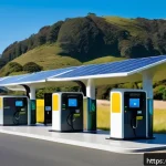 뉴질랜드에서 전기차 충전 인프라 현황 - A modern electric vehicle charging station situated along a scenic rural highway in New Zealand&rsquo;s No...