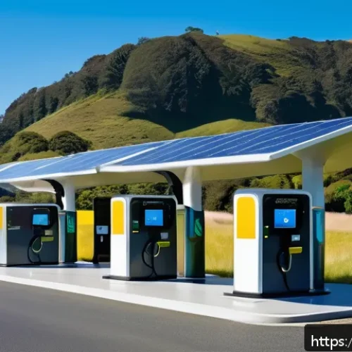 뉴질랜드에서 전기차 충전 인프라 현황 - A modern electric vehicle charging station situated along a scenic rural highway in New Zealand&rsquo;s No...