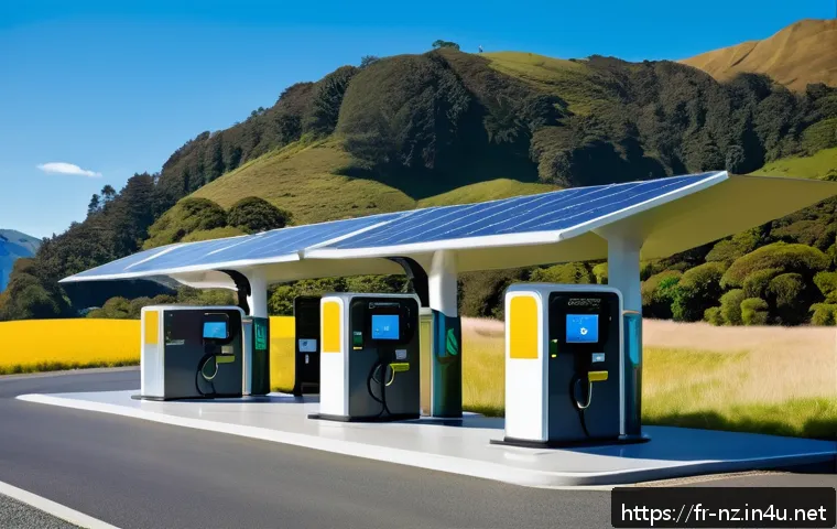뉴질랜드에서 전기차 충전 인프라 현황 - A modern electric vehicle charging station situated along a scenic rural highway in New Zealand&rsquo;s No...