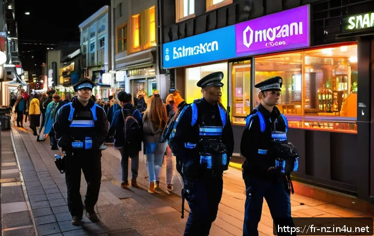 뉴질랜드 범죄율과 안전한 여행 팁 - A vibrant street scene at night in downtown Auckland, New Zealand, showing a diverse group of touris...
