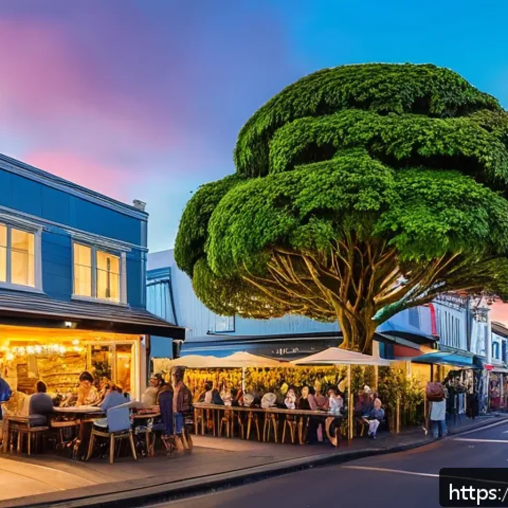 뉴질랜드 주요 도시 비교  오클랜드 vs 웰링턴 vs 크라이스트처치 - A vibrant urban street scene in Auckland&rsquo;s Ponsonby neighborhood during golden hour, showcasing a co...