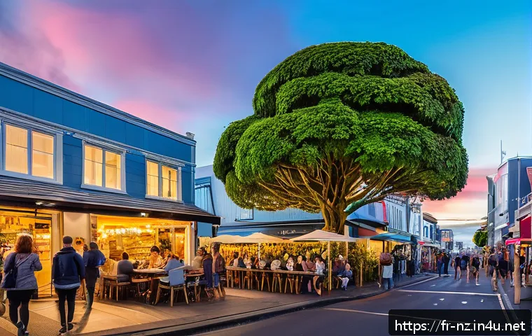 뉴질랜드 주요 도시 비교  오클랜드 vs 웰링턴 vs 크라이스트처치 - A vibrant urban street scene in Auckland&rsquo;s Ponsonby neighborhood during golden hour, showcasing a co...
