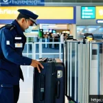 뉴질랜드 금지 물품 및 반입 규정 - A detailed airport customs scene showing a professional, courteous customs officer inspecting a trav...