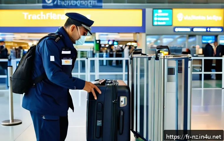 뉴질랜드 금지 물품 및 반입 규정 - A detailed airport customs scene showing a professional, courteous customs officer inspecting a trav...