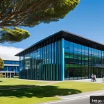 뉴질랜드 유명한 대학 및 전공 추천 - A vibrant university campus in New Zealand during daytime, showcasing modern architecture with glass...