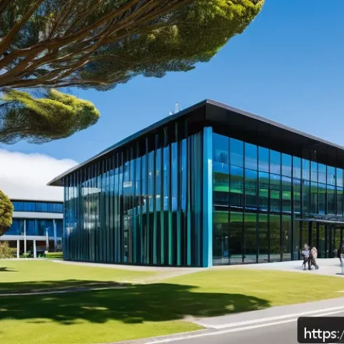 뉴질랜드 유명한 대학 및 전공 추천 - A vibrant university campus in New Zealand during daytime, showcasing modern architecture with glass...