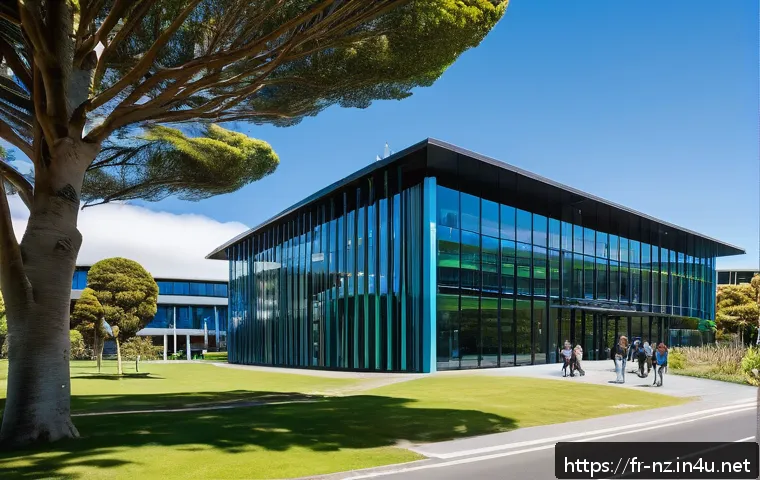 뉴질랜드 유명한 대학 및 전공 추천 - A vibrant university campus in New Zealand during daytime, showcasing modern architecture with glass...